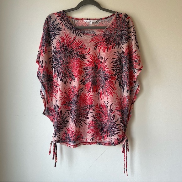 Cleo Pink Floral Vacation Blouse Sz S Lightweight Resort Top Drawstring Tunic - Picture 1 of 15